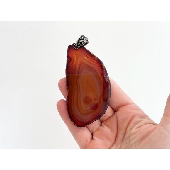 Brown Sliced Agate Stone Freeform Shaped Large Silver Toned Vintage Pendant - Picture 9 of 14